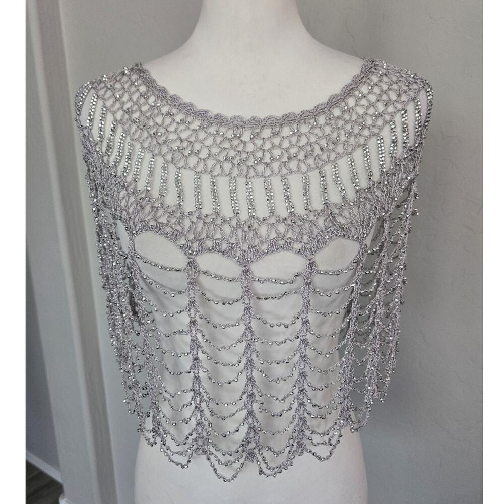 Beaded Crochet Flapper Gatsby Evening Capelet Cape Shawl Silver Gray One Size